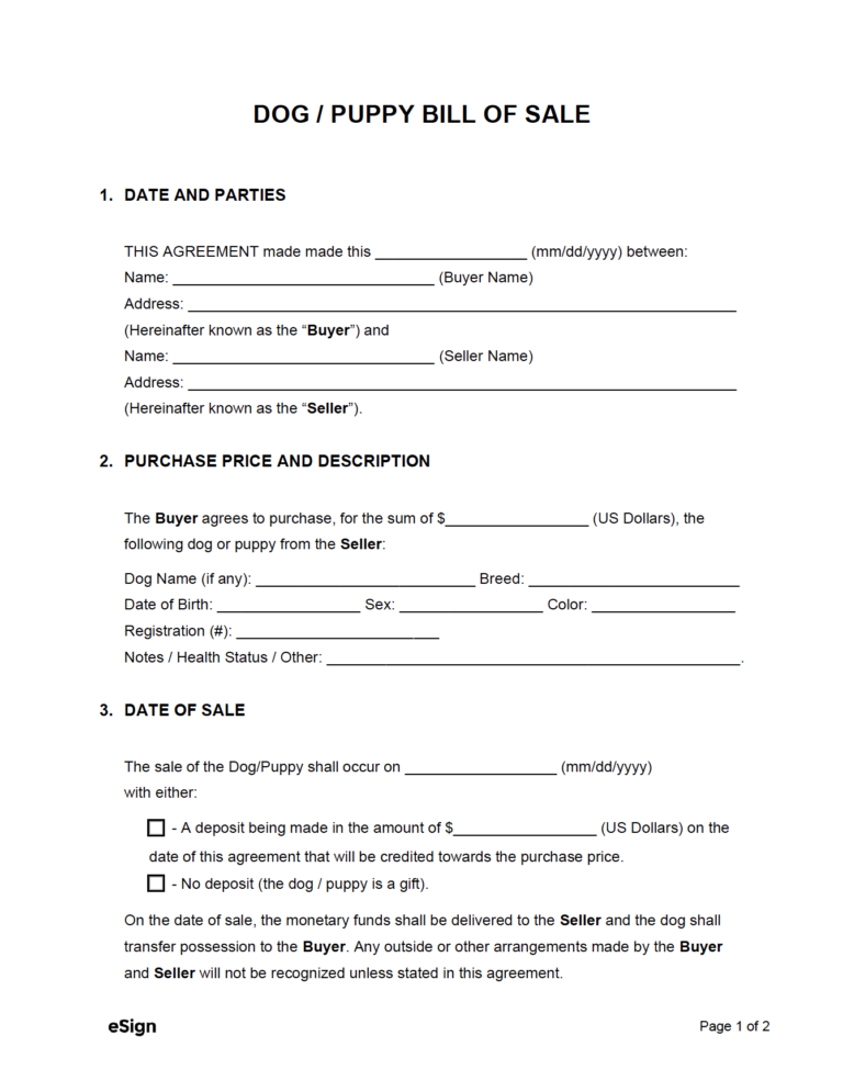 Free Dog / Puppy Bill of Sale Form | PDF | Word