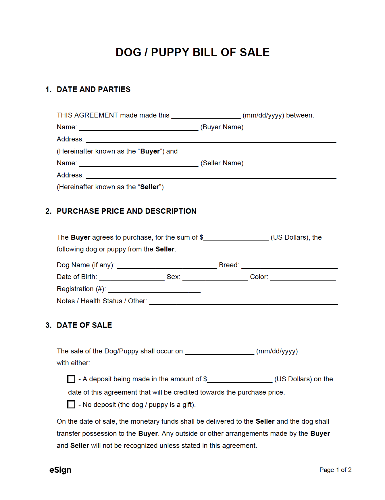 Free Dog / Puppy Bill of Sale Form - PDF  Word With Regard To puppy contract templates