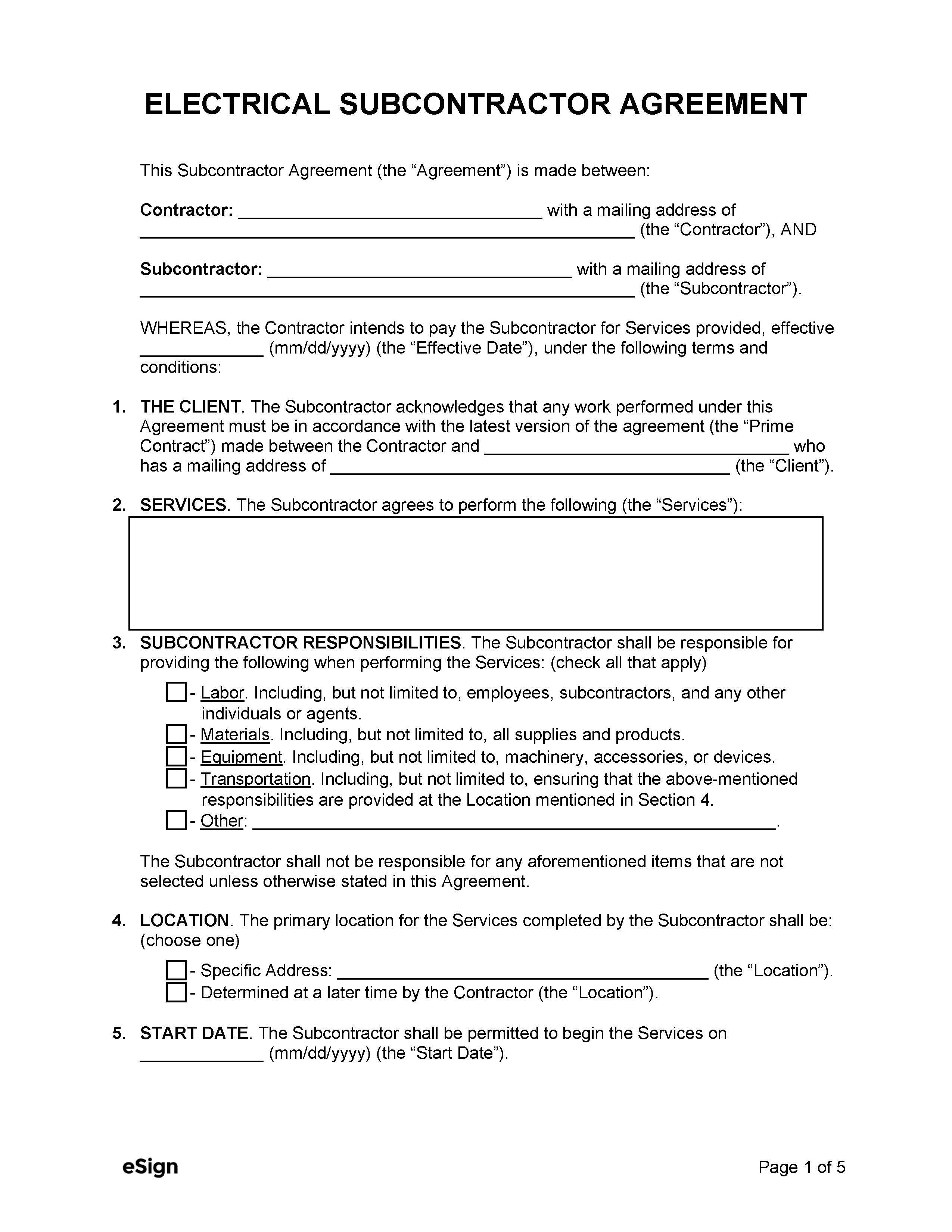 Free Electrical Subcontractor Agreement Template PDF Word