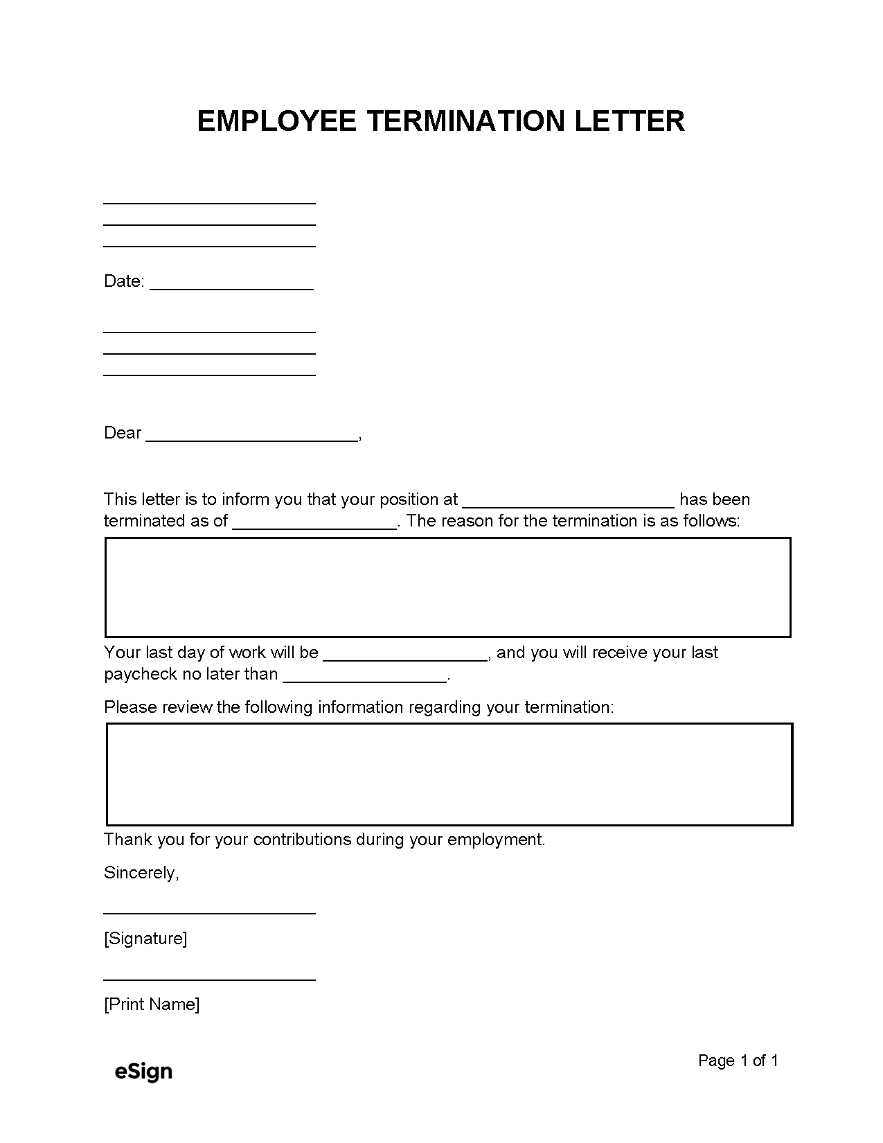 Free Employee Termination Letter PDF Word