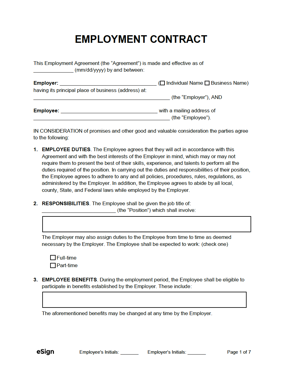 Printable Employment Contract Template 7201