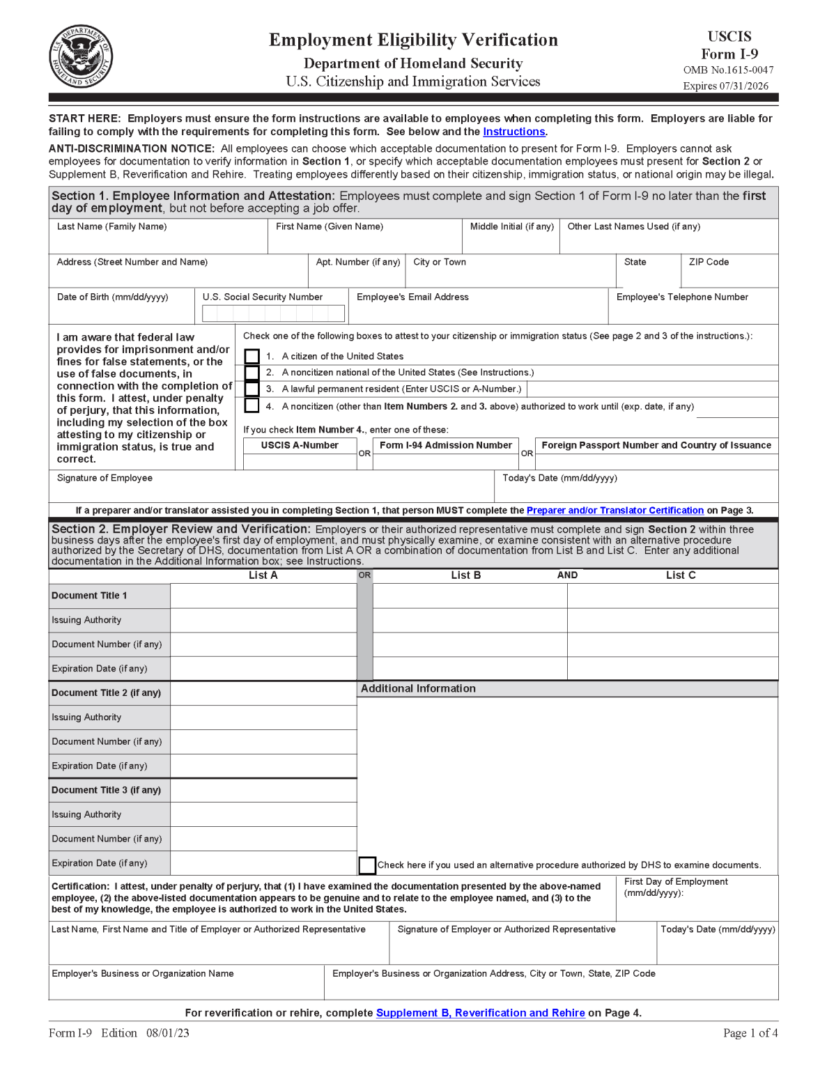 Free Form I9 Employment Eligibility Verification PDF