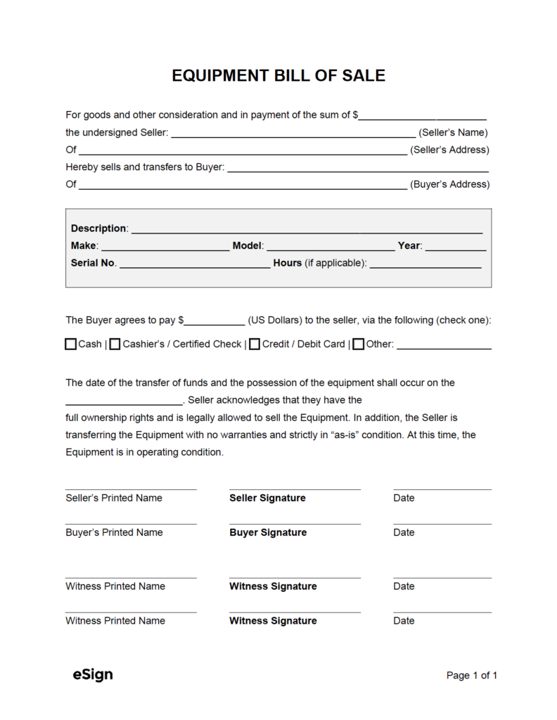 Free Equipment Bill of Sale Form | PDF | Word