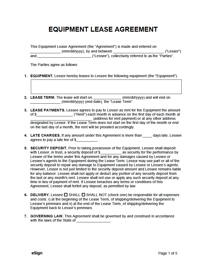 Lease Agreement Equipment Template Free