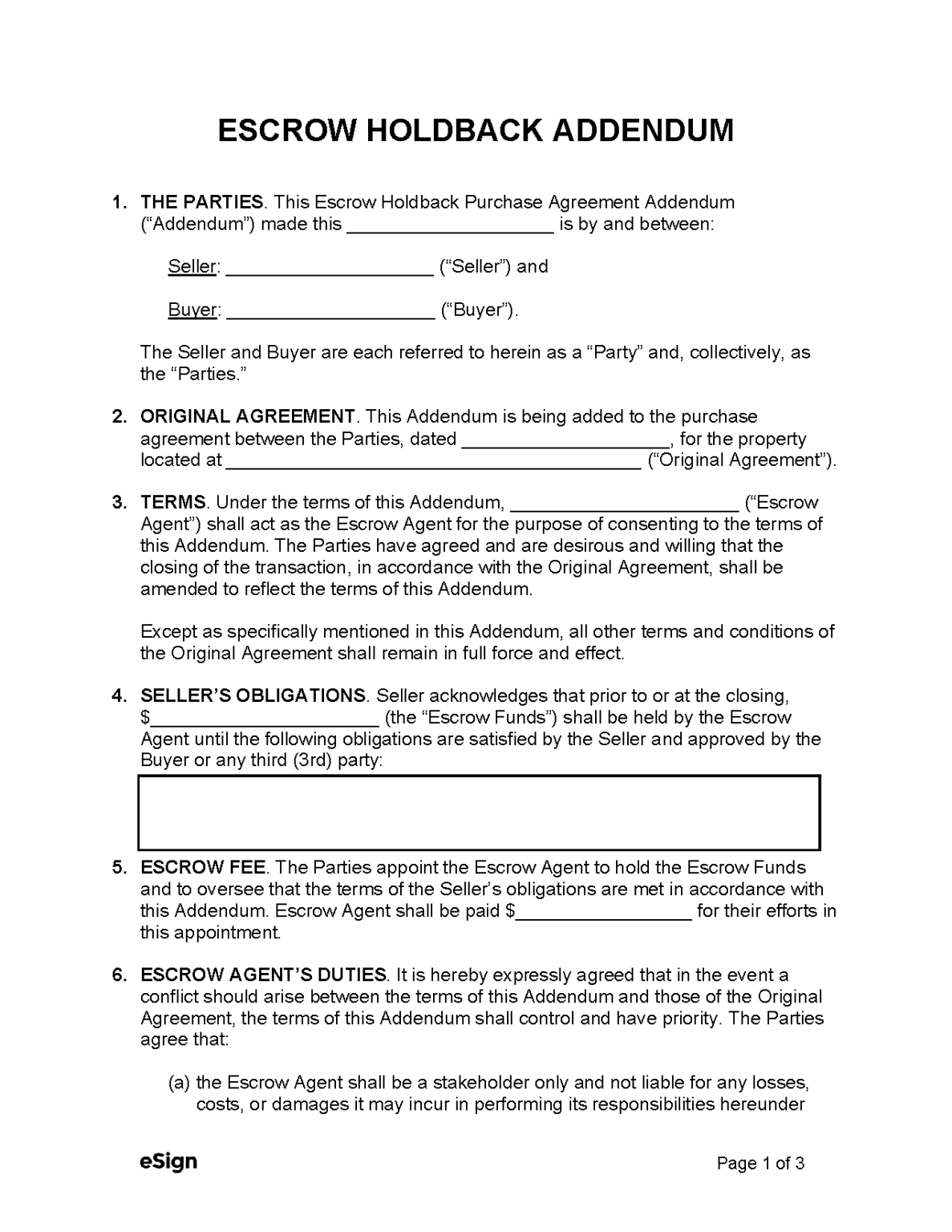 Free Escrow Holdback Agreement Addendum PDF Word