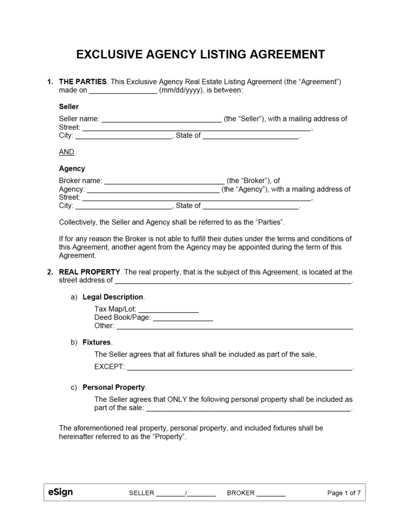 Free Exclusive Agency Listing Agreement PDF Word