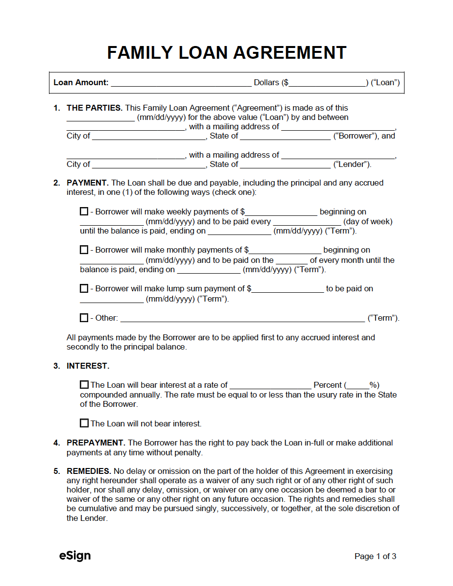 Free Family Loan Agreement Template - PDF  Word Throughout long term loan agreement template