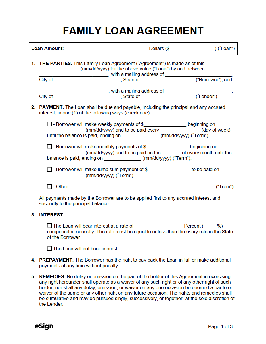 Printable Family Loan Agreement Template