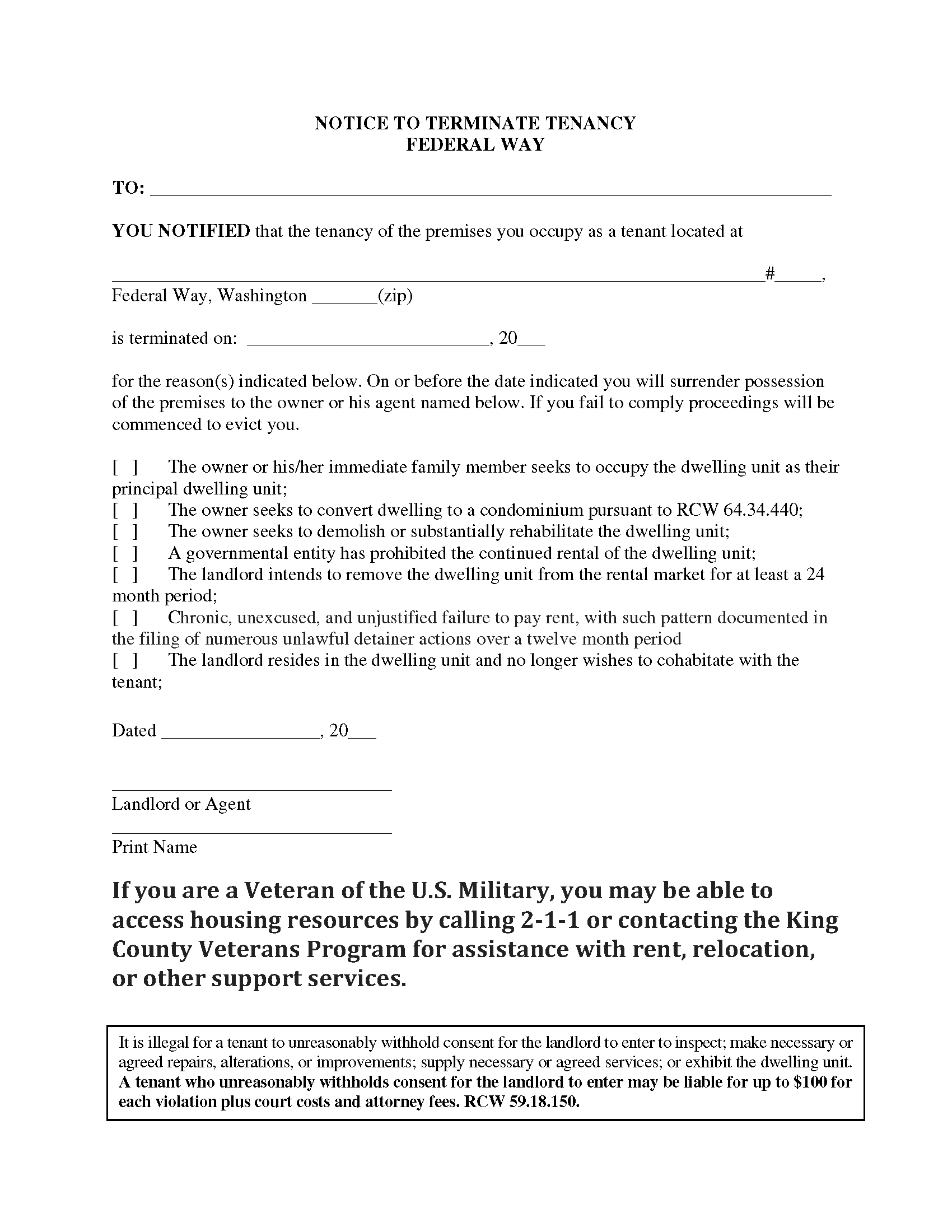 Free Washington Notice to Quit Lease Termination Letter PDF