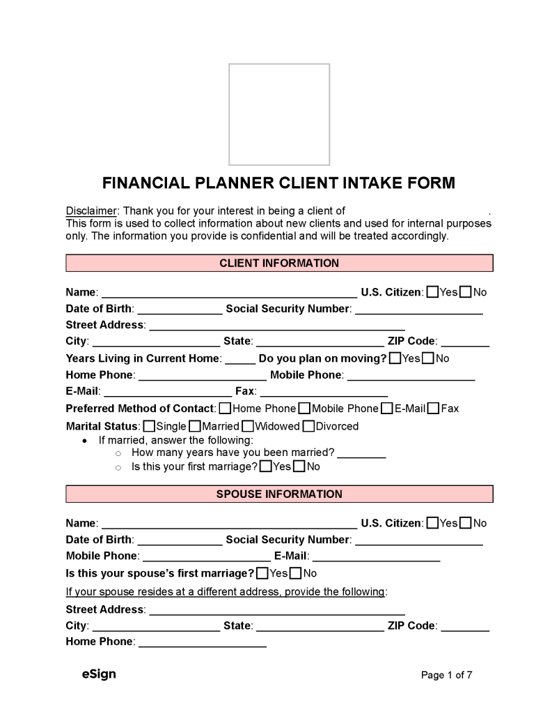 Free Financial Planner Client Intake Form Pdf Word 