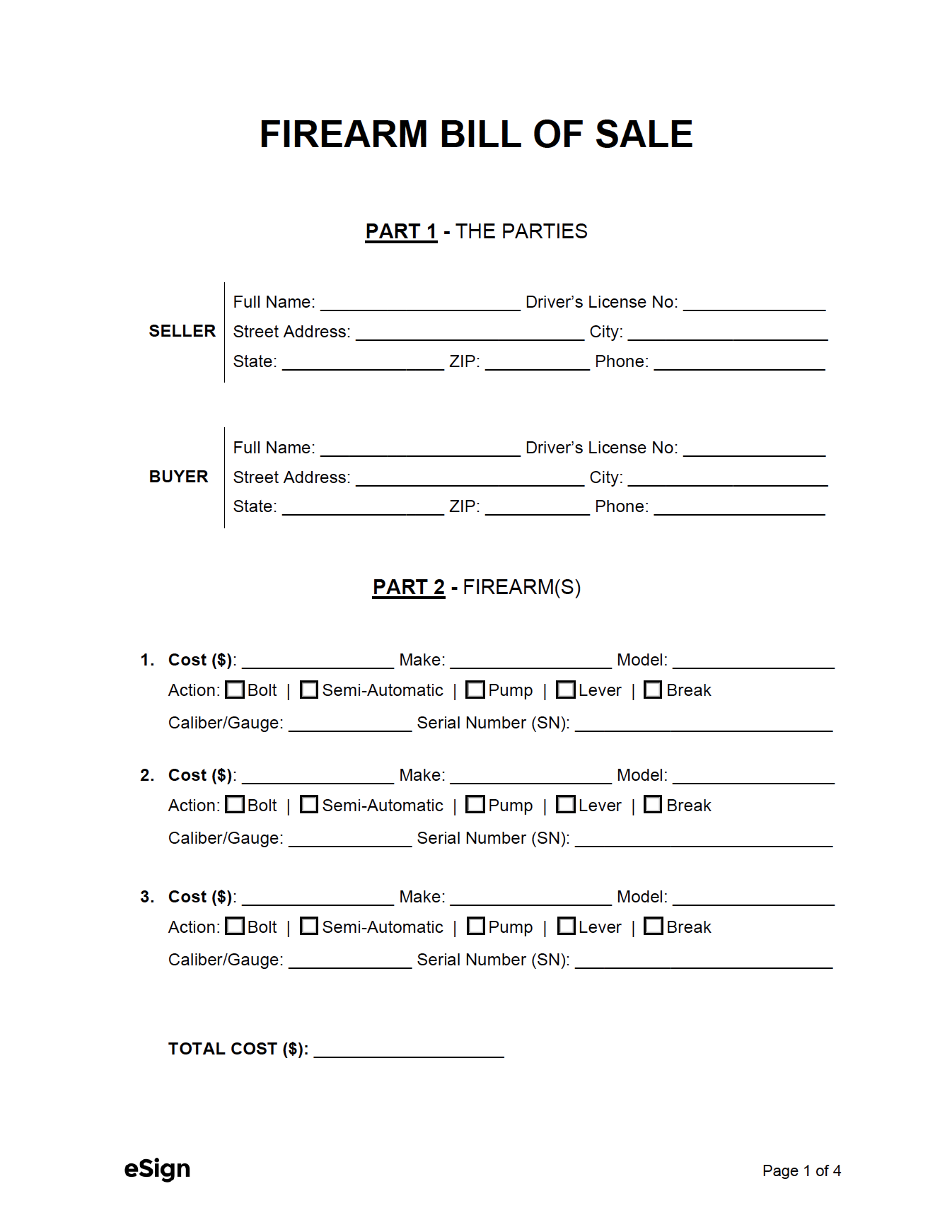 Free Firearm / Gun Bill of Sale Form - PDF  Word