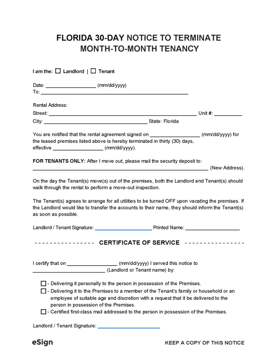 Free Florida 30Day Notice to Quit Lease Termination Letter PDF Word