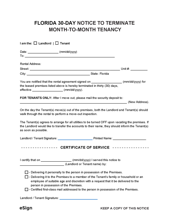 Free Florida 30 Day Notice To Quit Lease Termination Letter PDF Word