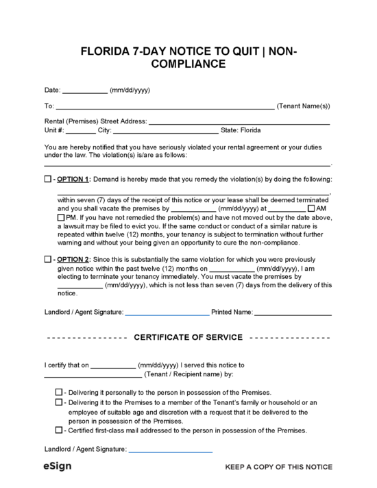 Free Florida 7-Day Notice to Quit | Non-Compliance | PDF | Word