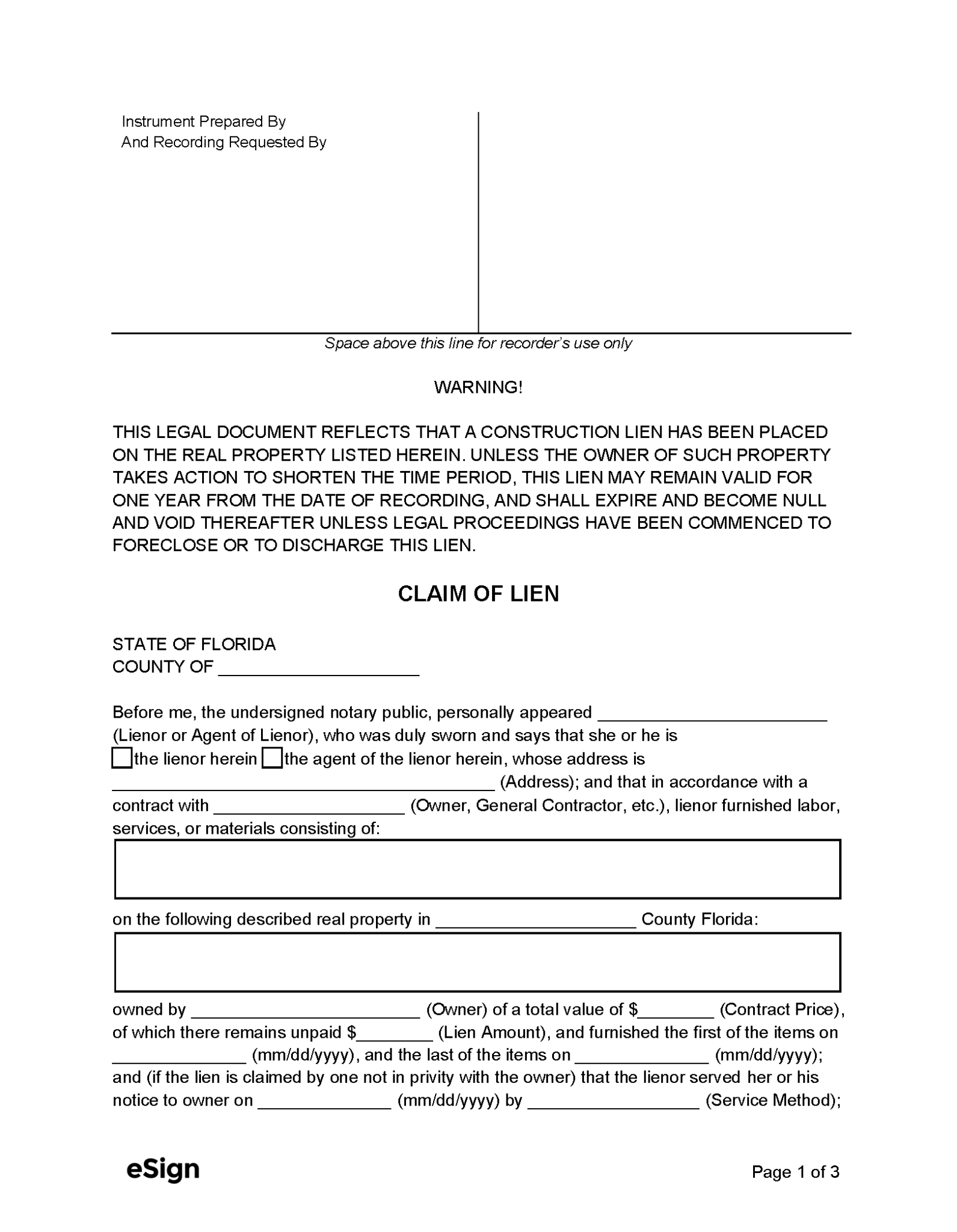 Free Florida Mechanic's Lien Form PDF Word