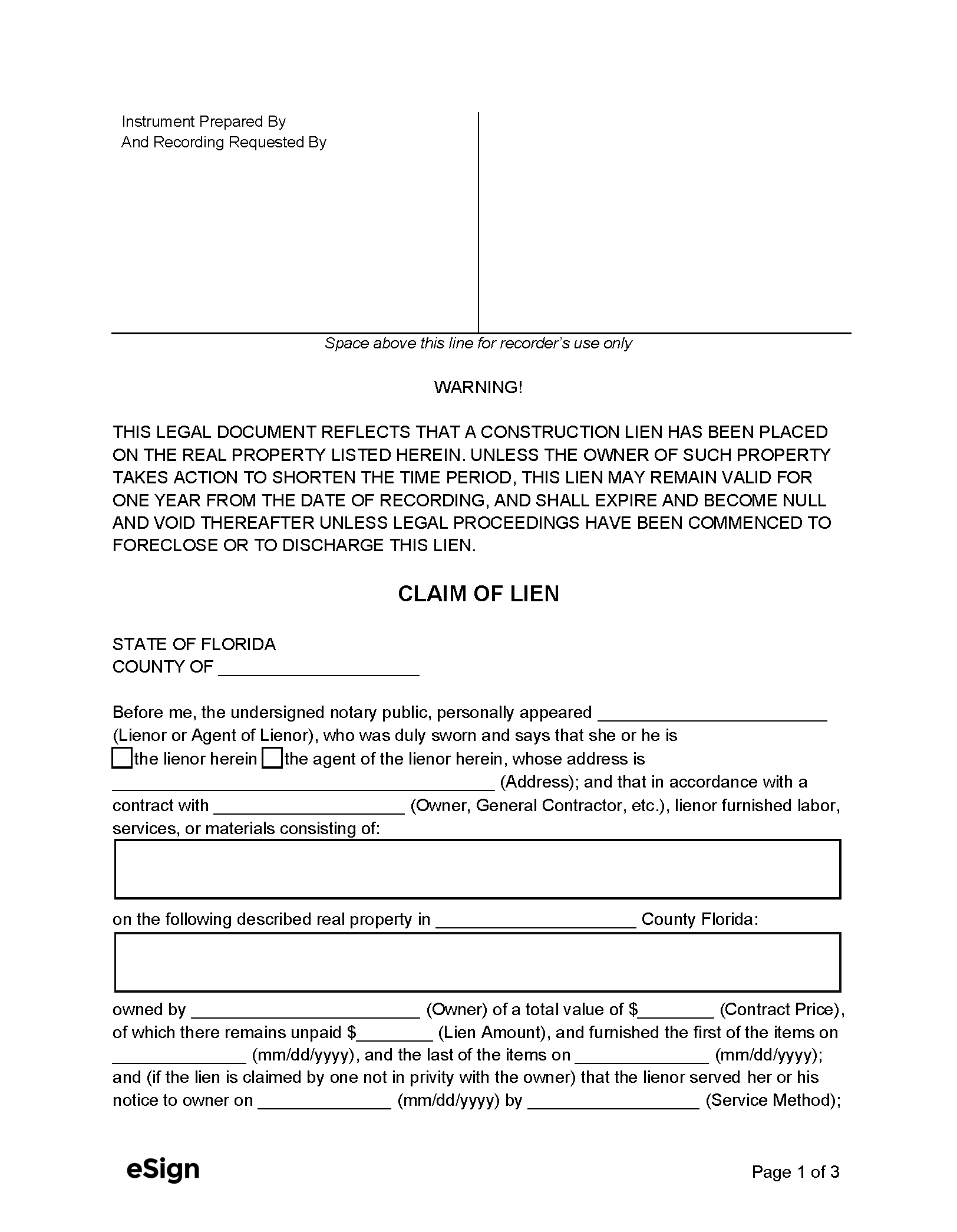 Free Florida Mechanic s Lien Form PDF Word