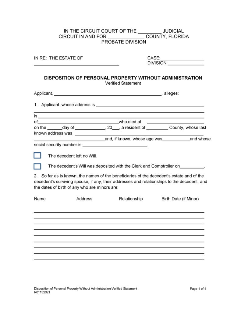 Free Florida Small Estate Affidavit Form Pdf 8523