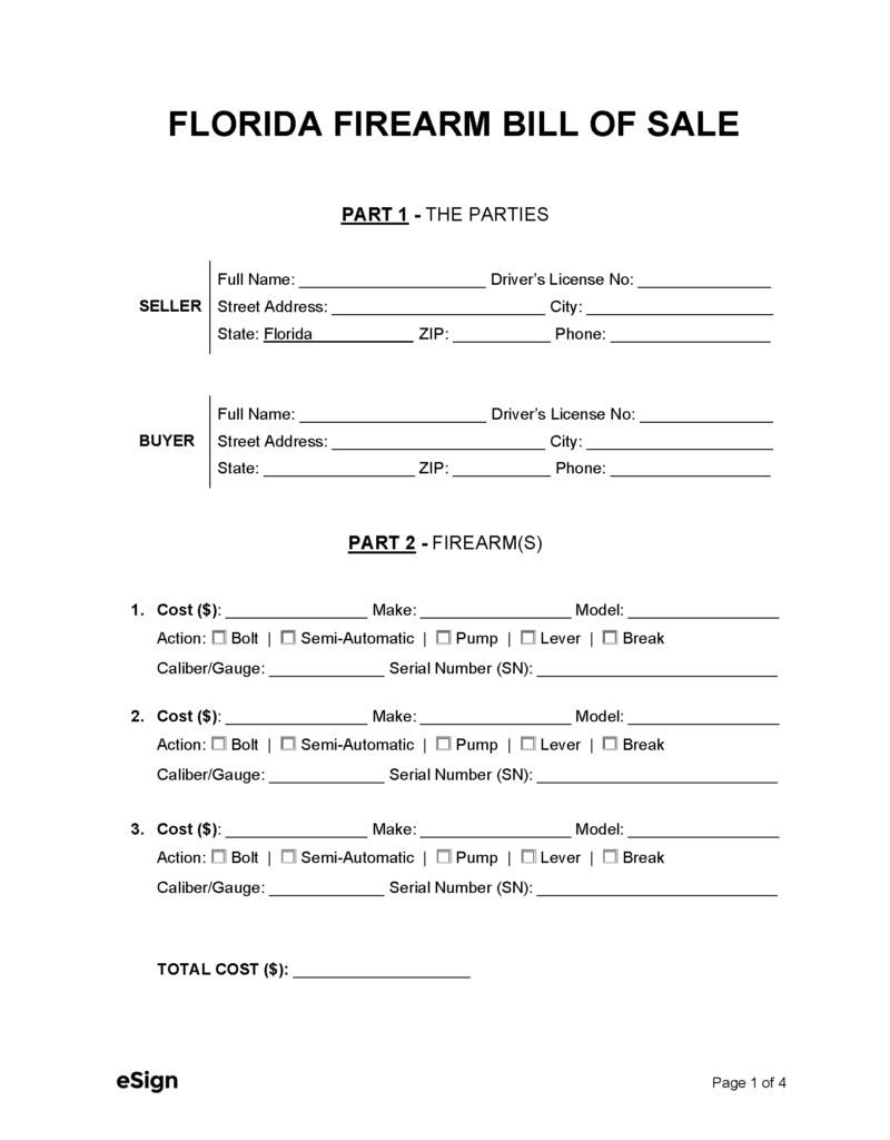 Free Florida Firearm Bill of Sale Form PDF Word