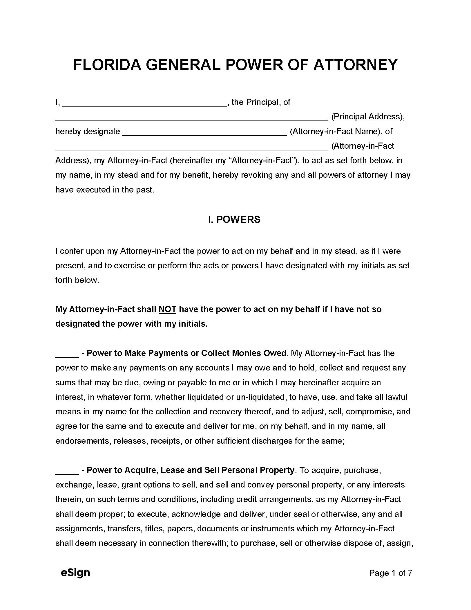 Printable Durable Power Attorney Form Florida 