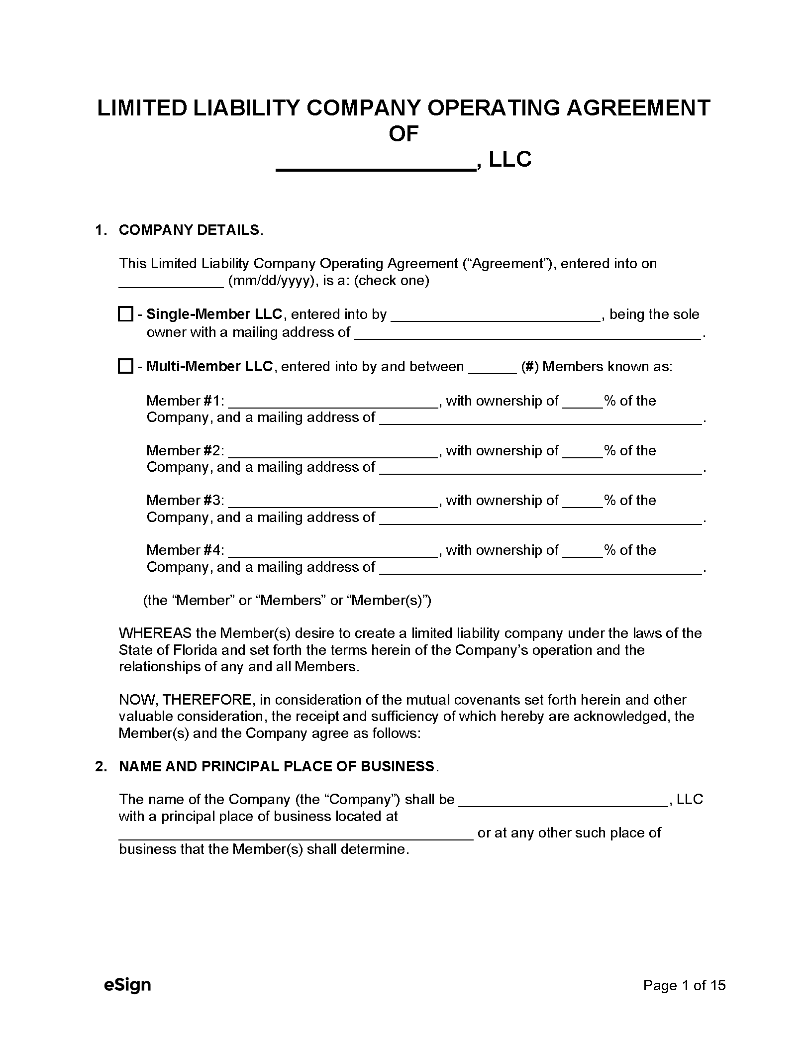 Free Florida LLC Operating Agreement Template PDF Word