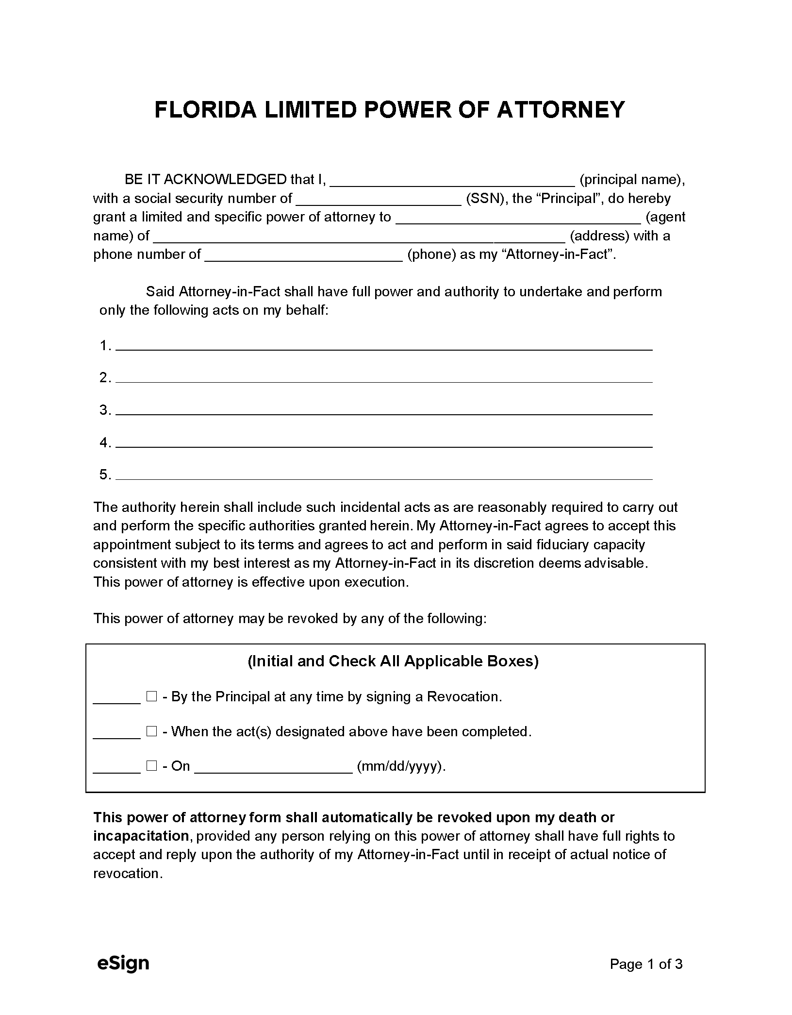 Free Florida Limited Power Of Attorney Form PDF Word