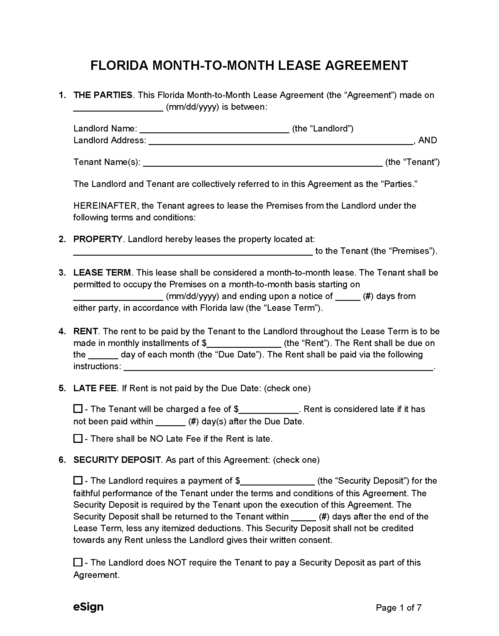 Free Florida MonthtoMonth Lease Agreement PDF Word