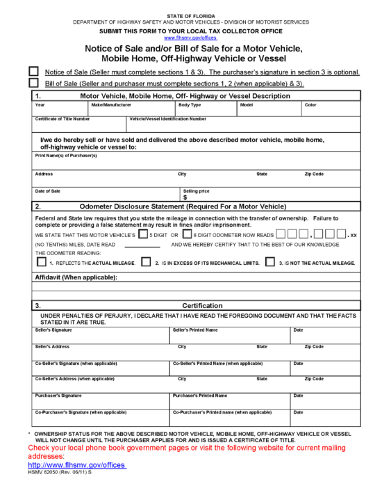 Free Florida Motor Vehicle Bill of Sale Form PDF