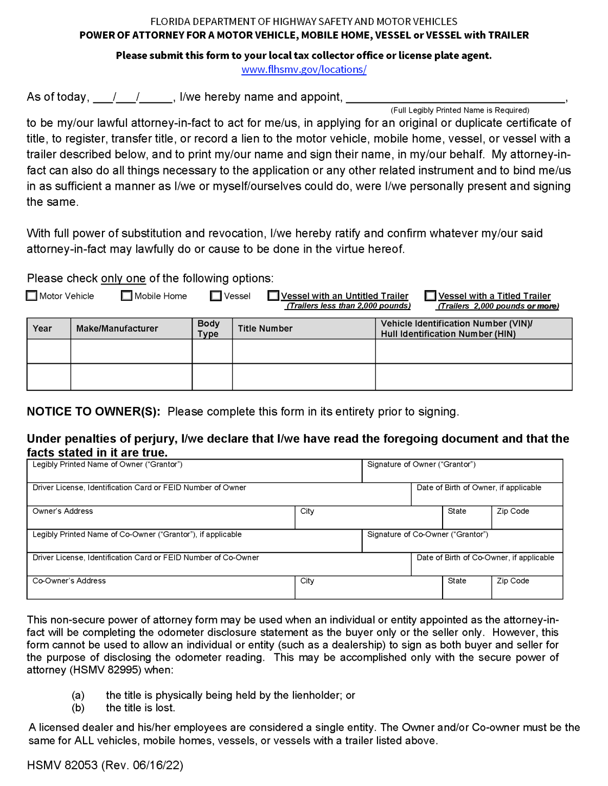 Free Florida Motor Vehicle Power of Attorney (Form HSMV 82053) PDF