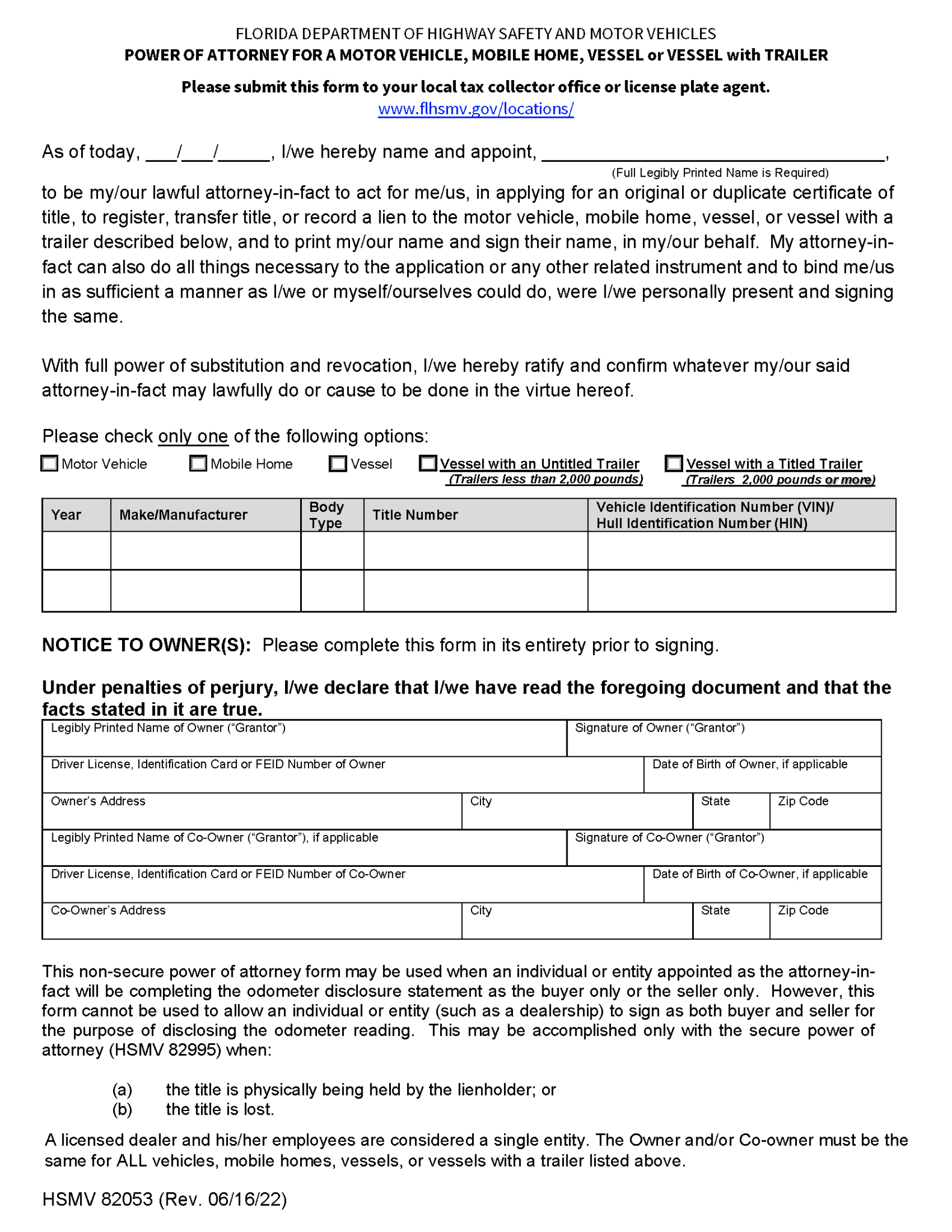 Free Florida Motor Vehicle Power Of Attorney Form Hsmv 82053 Pdf 6359