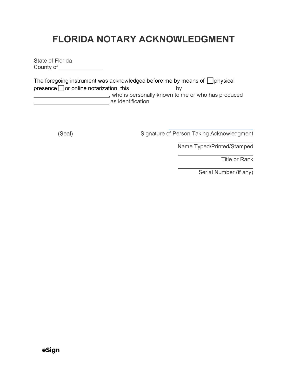 Free Florida Notary Acknowledgment Form PDF Word