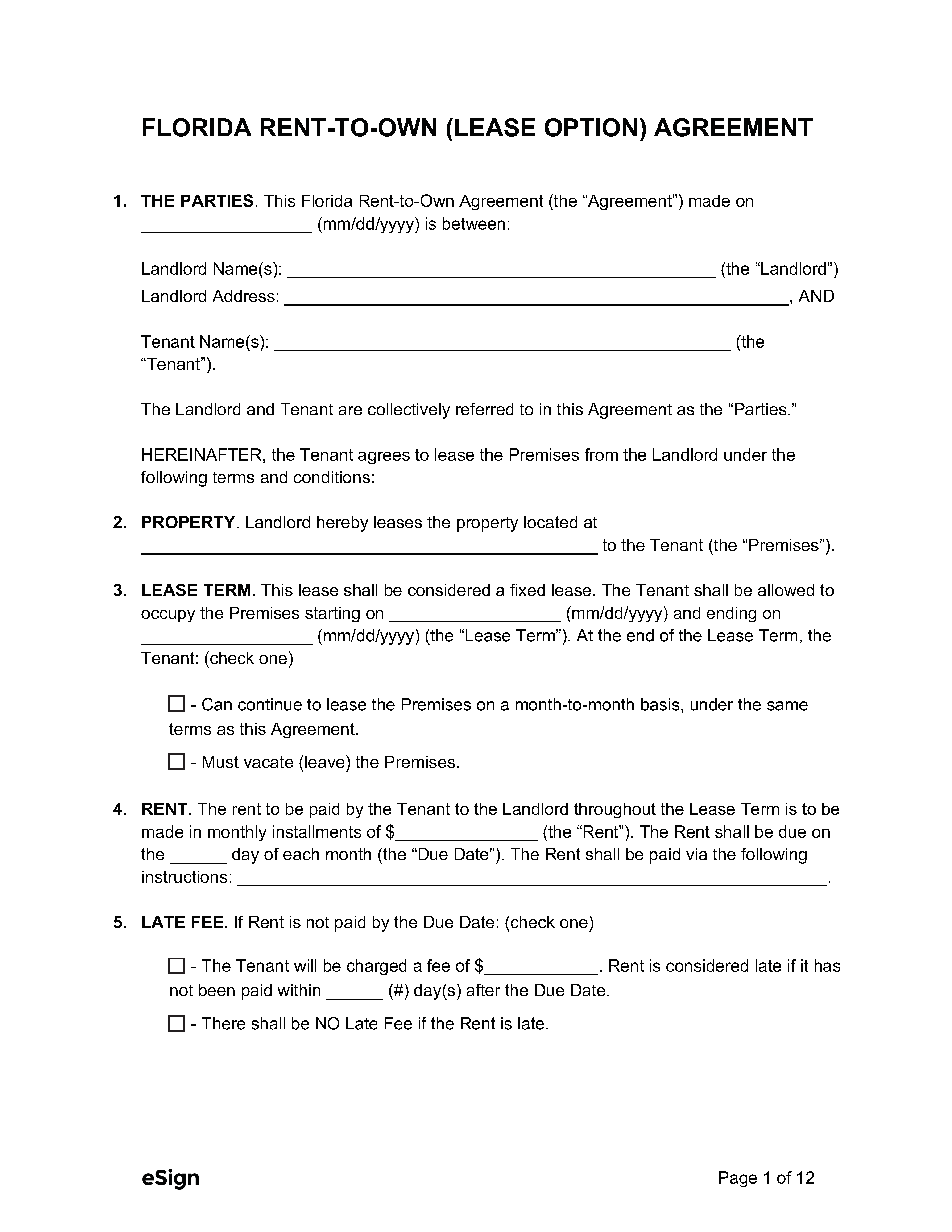 Free Florida Rent to Own Lease Option Agreement PDF