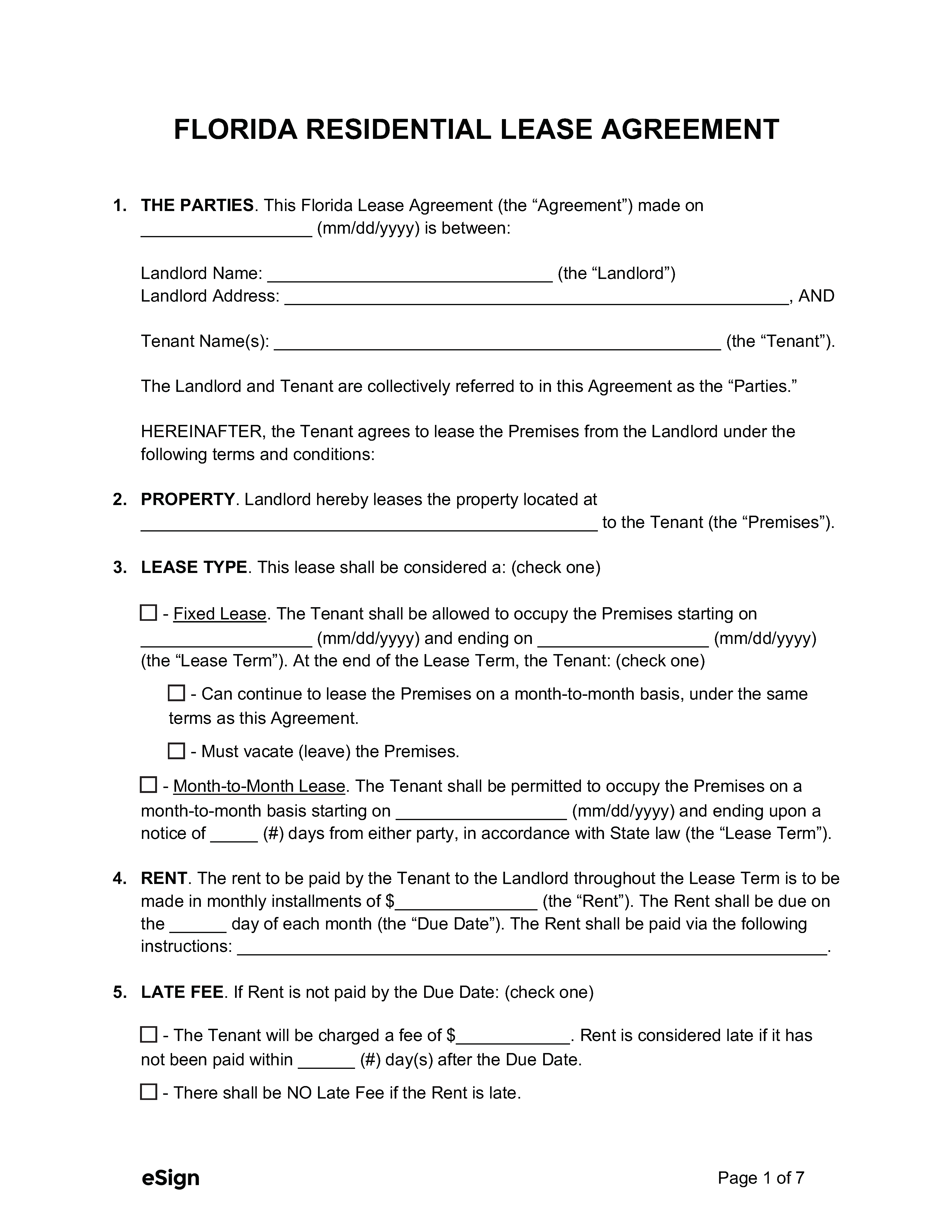 Free Florida Rental Lease Agreement Templates 6 PDF   Florida Residential Lease Agreement 