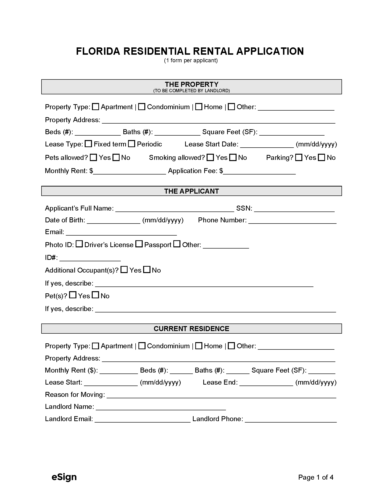 Free Florida Rental Application Form PDF Word
