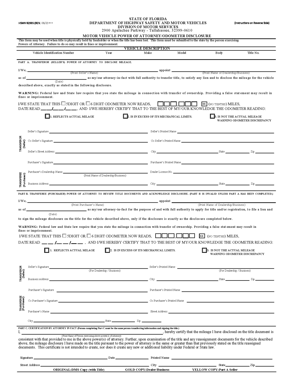 Free Florida Motor Vehicle Power Of Attorney (form Hsmv 82053) 