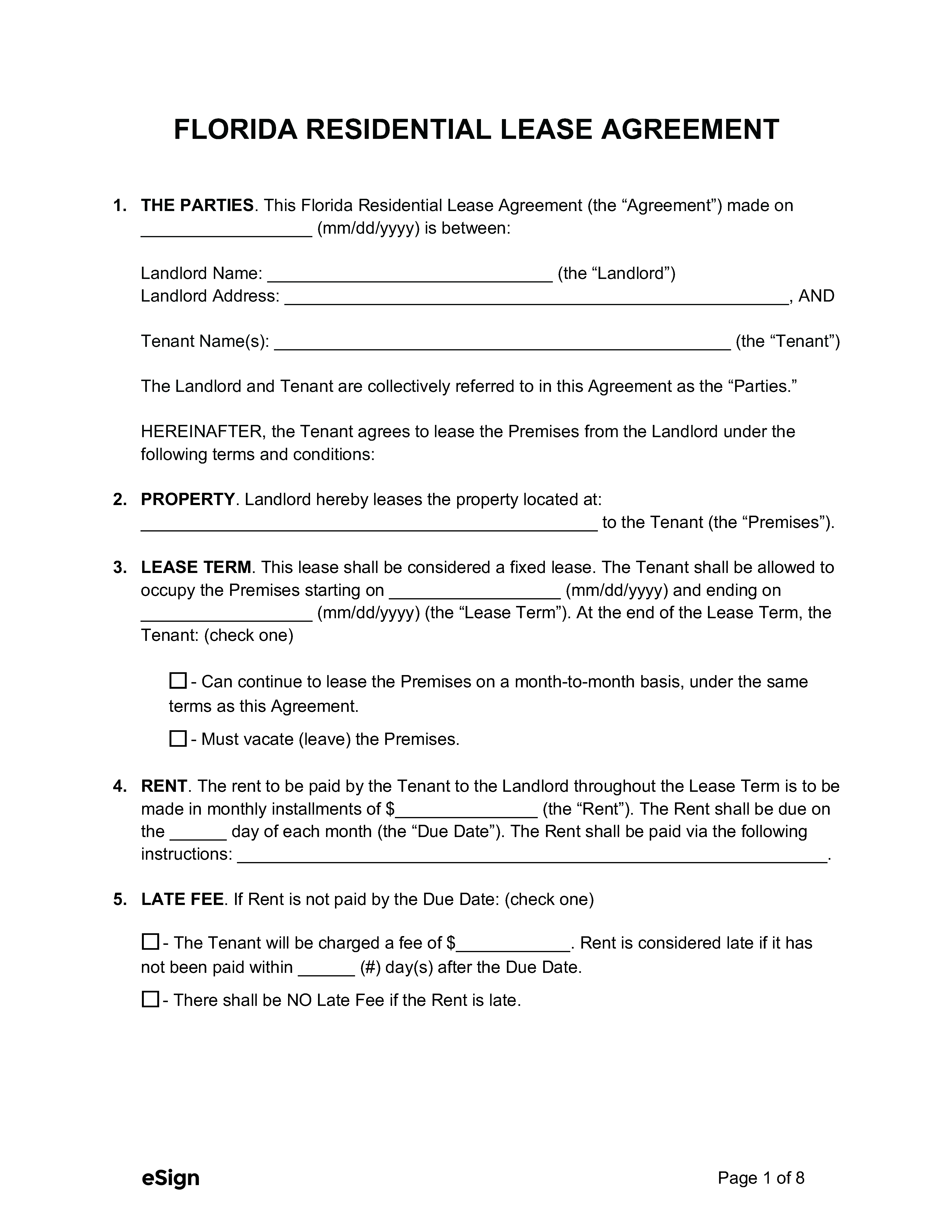 Free Florida Standard Residential Lease Agreement Template PDF