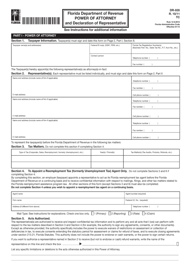 Free Florida Tax Power of Attorney (Form DR 835) | PDF