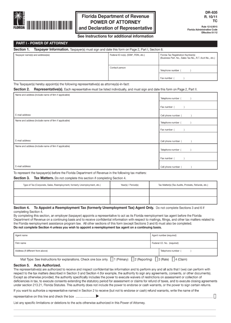 Free Florida Tax Power of Attorney (Form DR 835) | PDF