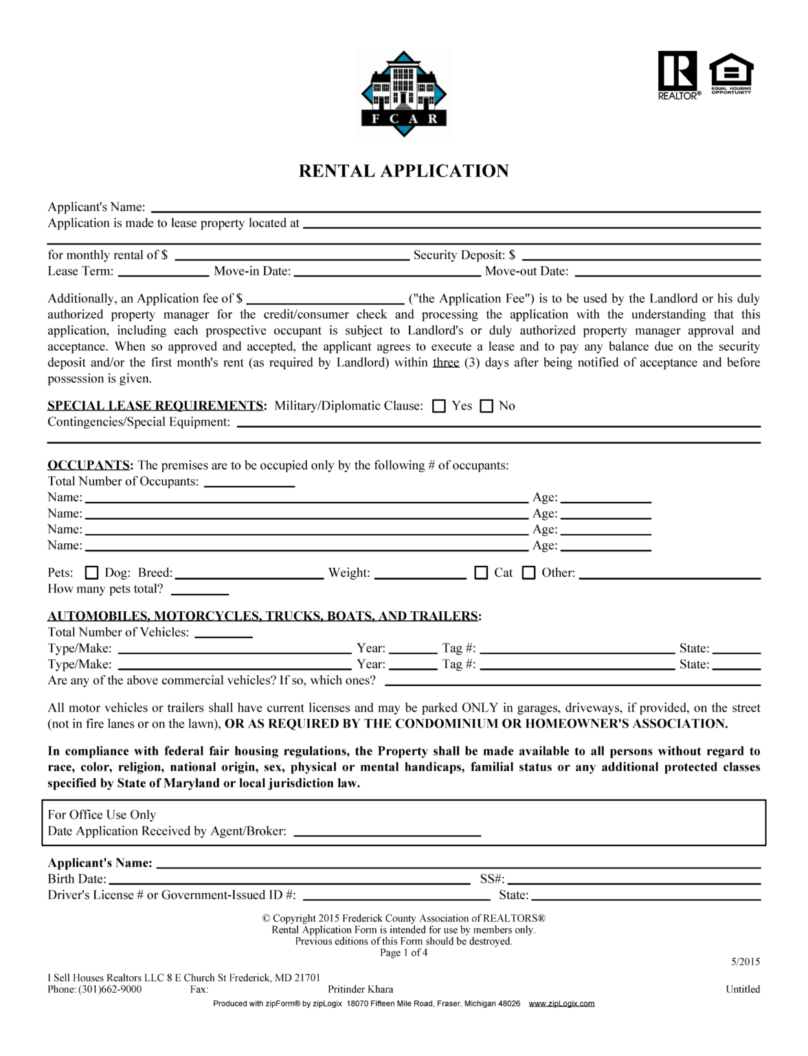 Free Maryland Rental Application Form PDF Word