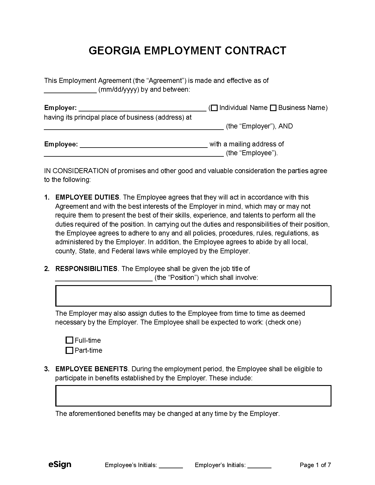 Free Georgia Employment Contract Templates PDF Word