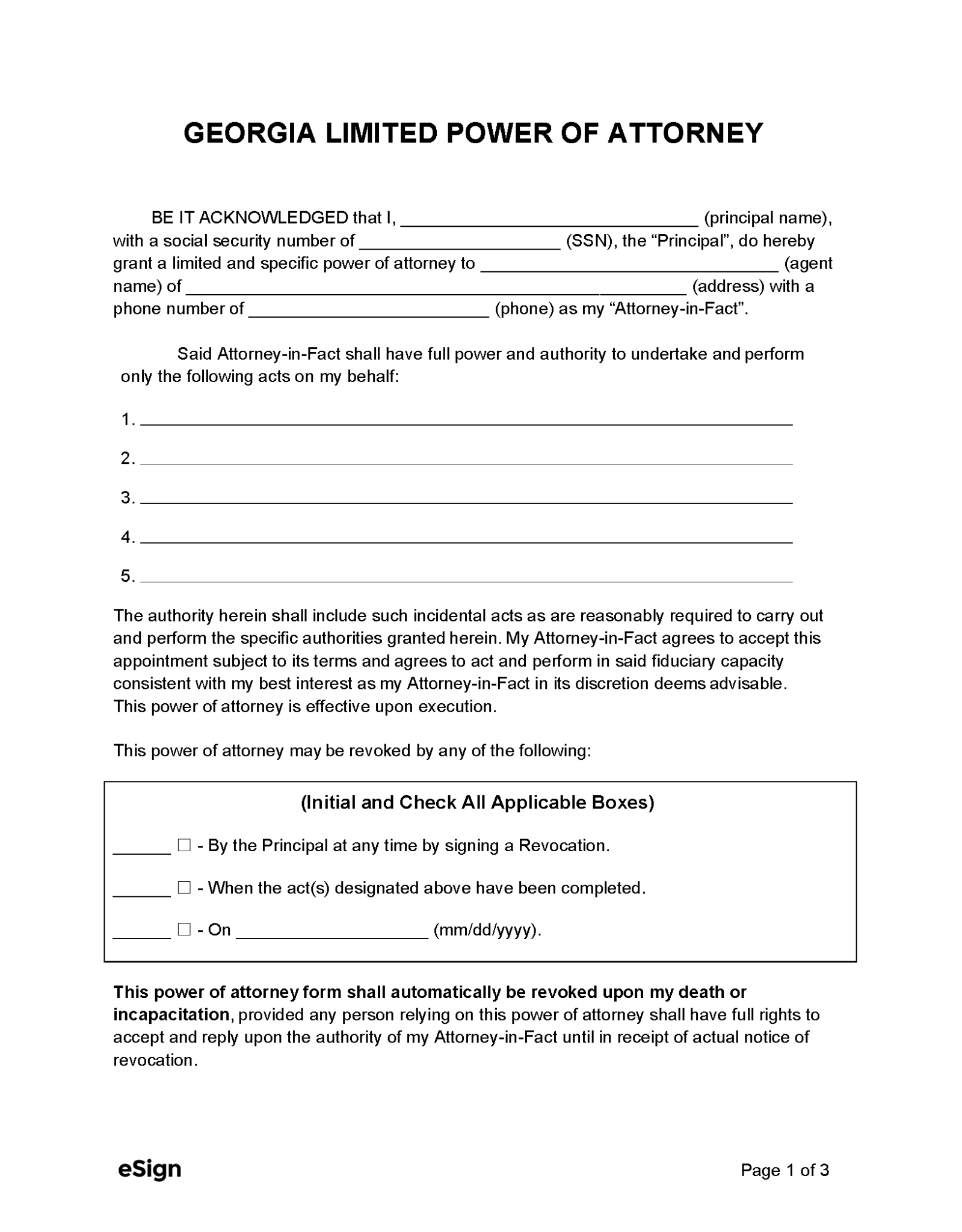 Free Georgia Limited Power Of Attorney Form PDF Word