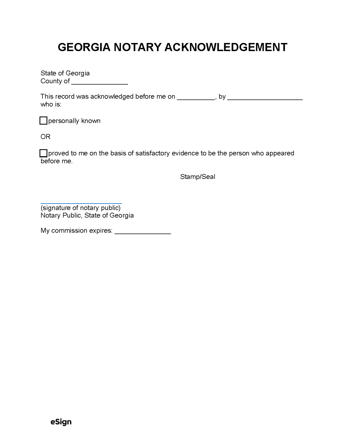 Free Georgia Notary Acknowledgment Form PDF Word