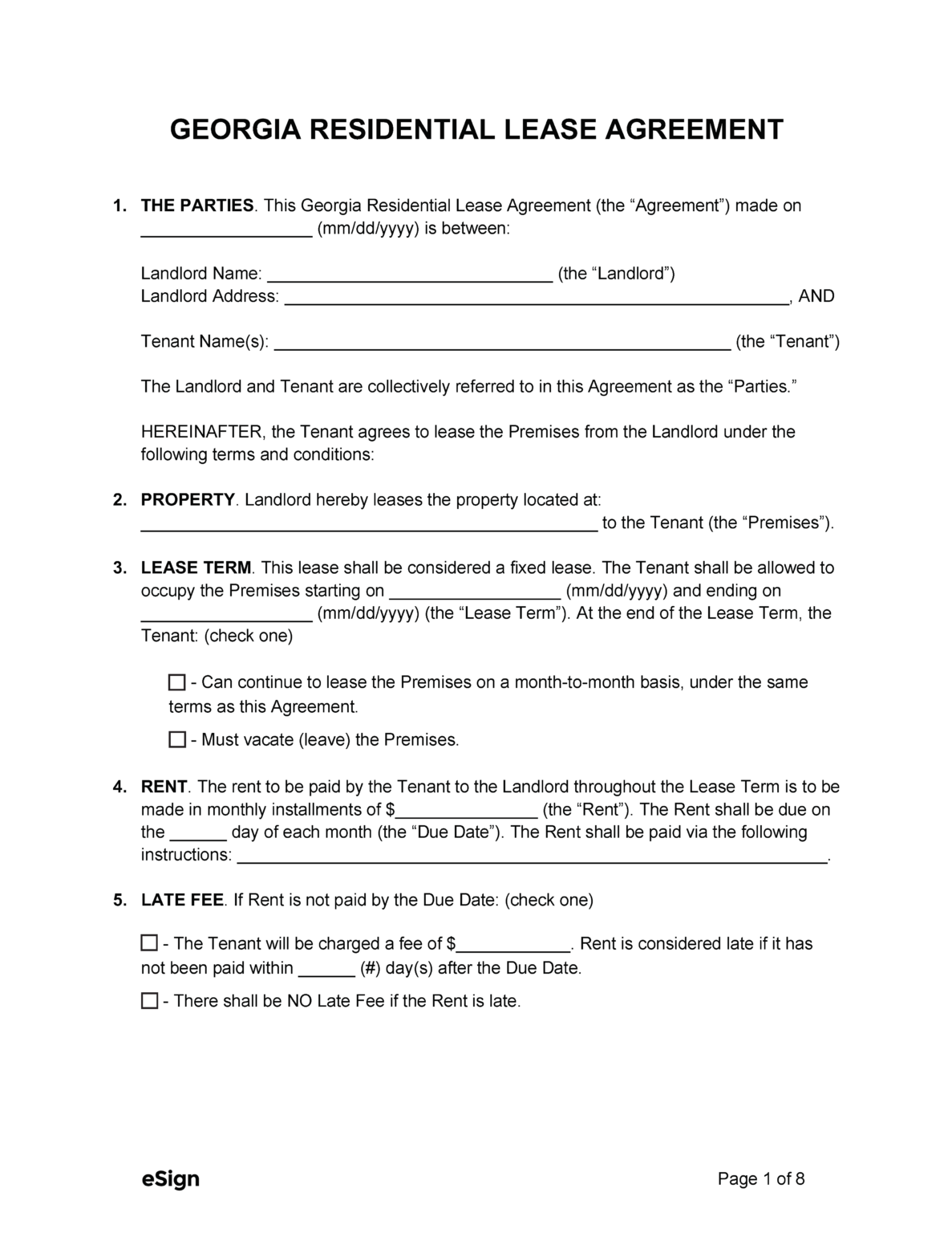 Free Georgia Standard Residential Lease Agreement Template | PDF