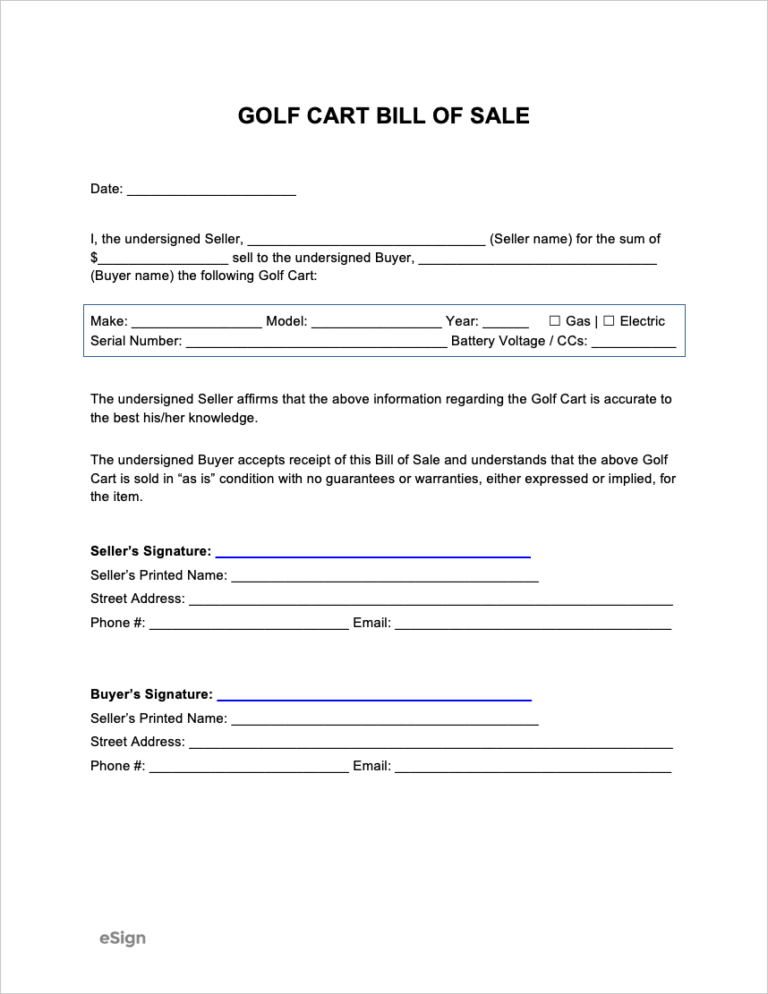 Free Golf Cart Bill of Sale Form PDF Word