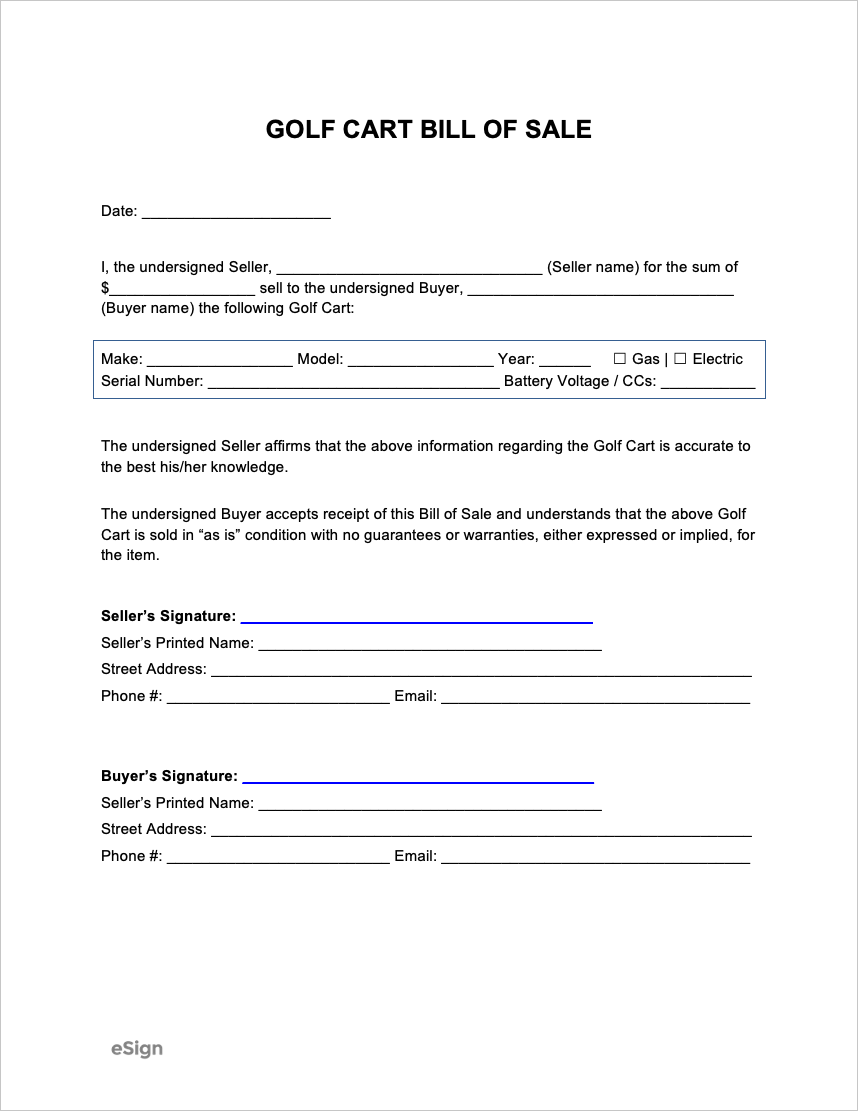 Free Golf Cart Bill Of Sale Form PDF Word