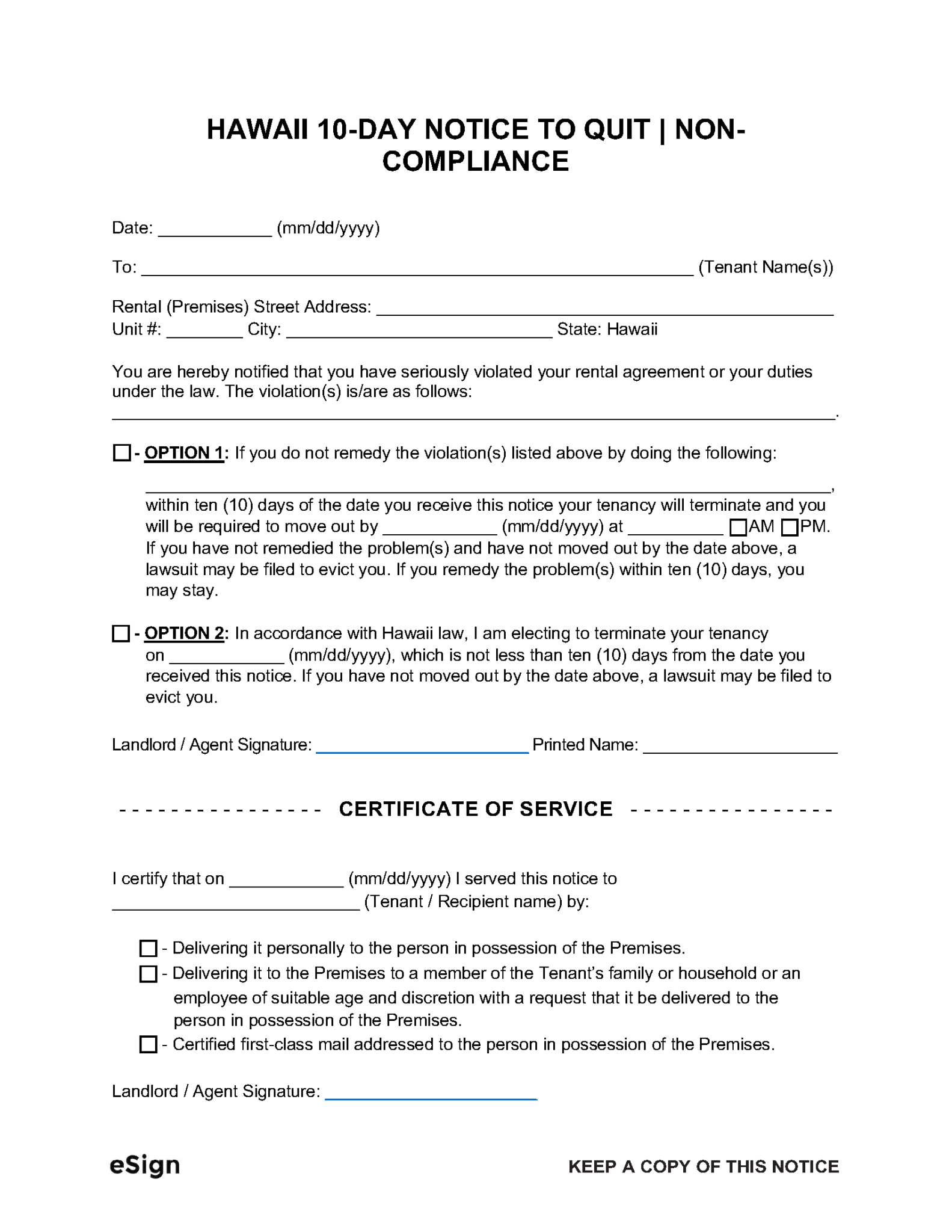 Free Hawaii 10-Day Notice to Quit | Non-Compliance | PDF | Word