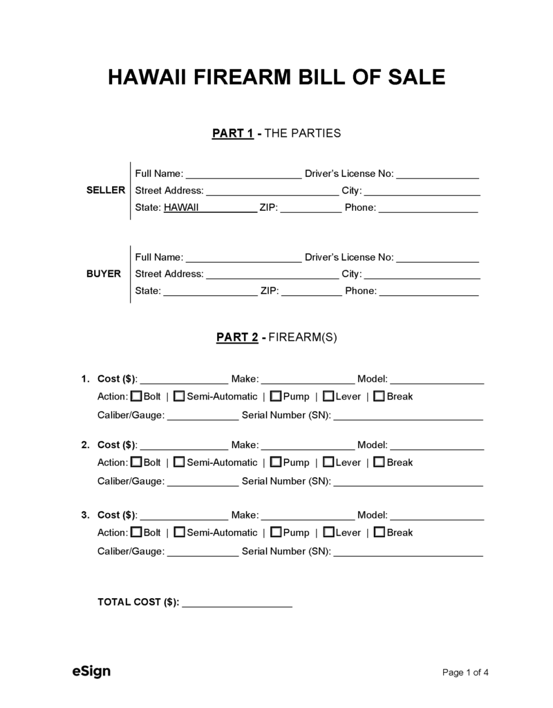 Free Hawaii Firearm Bill of Sale Form PDF Word
