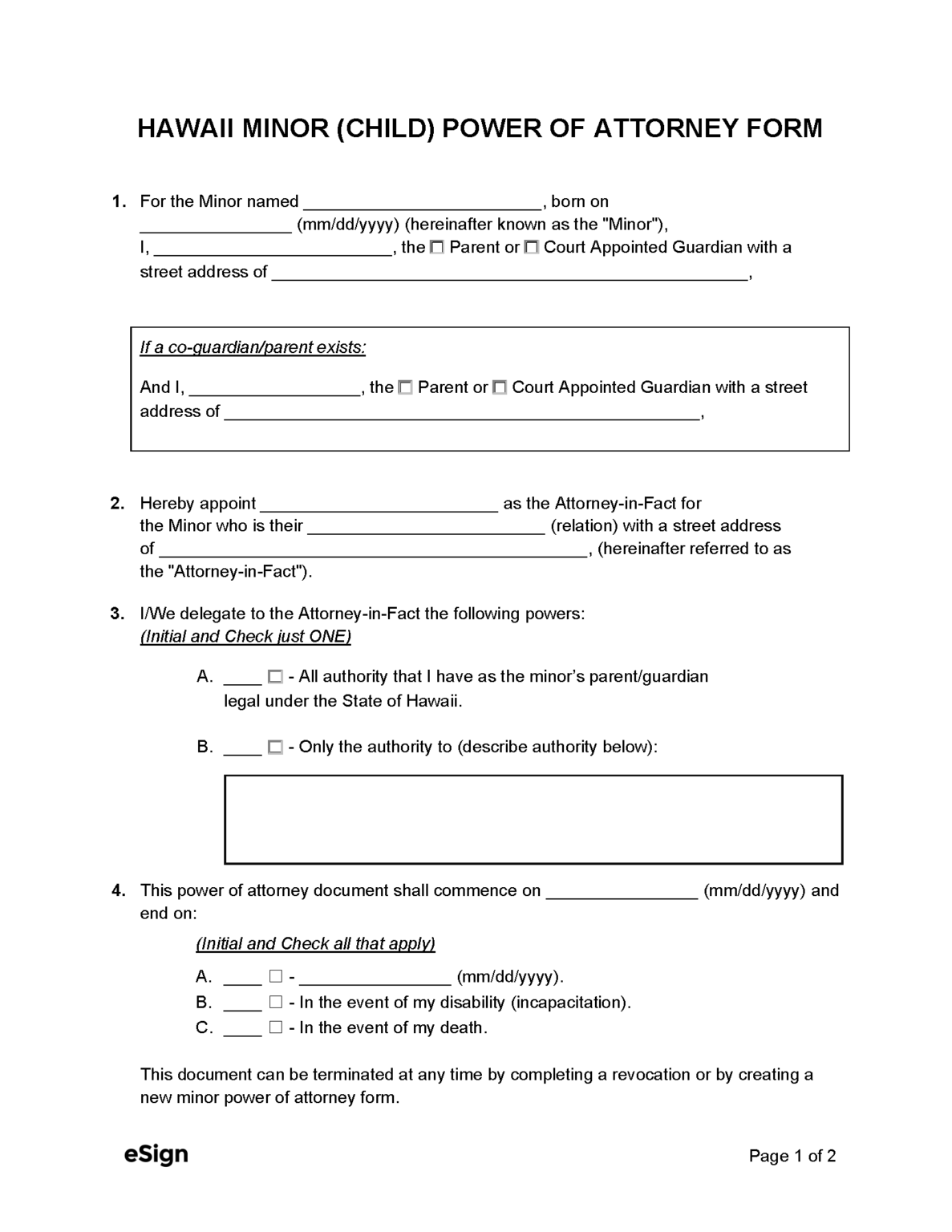 Free Hawaii Minor (Child) Power of Attorney Form PDF Word