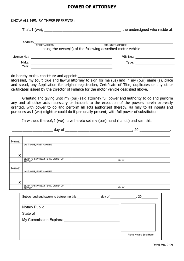 Free Hawaii Motor Vehicle Power of Attorney (Form DMVL596-2-09) | PDF