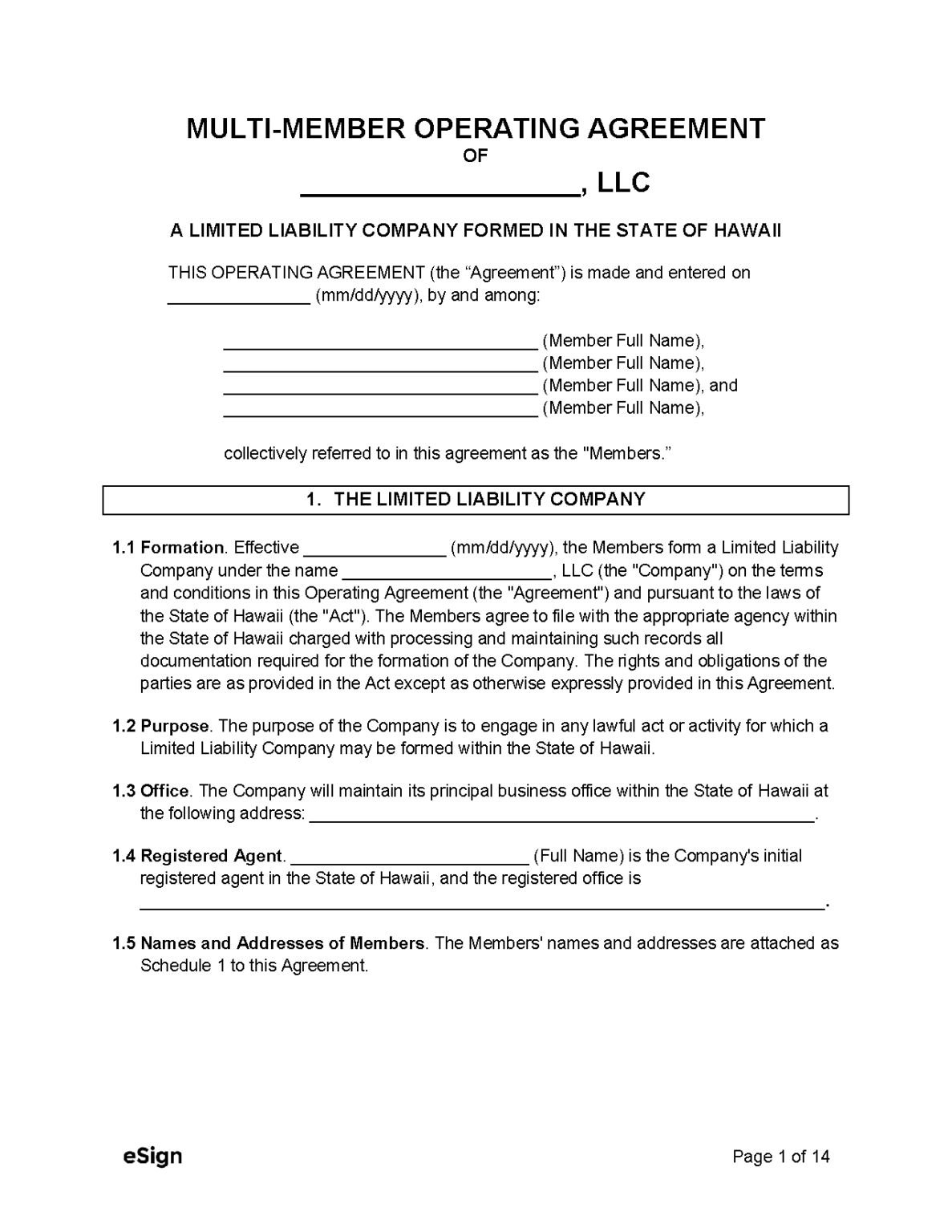 Free Hawaii Llc Operating Agreement Template Pdf Word 