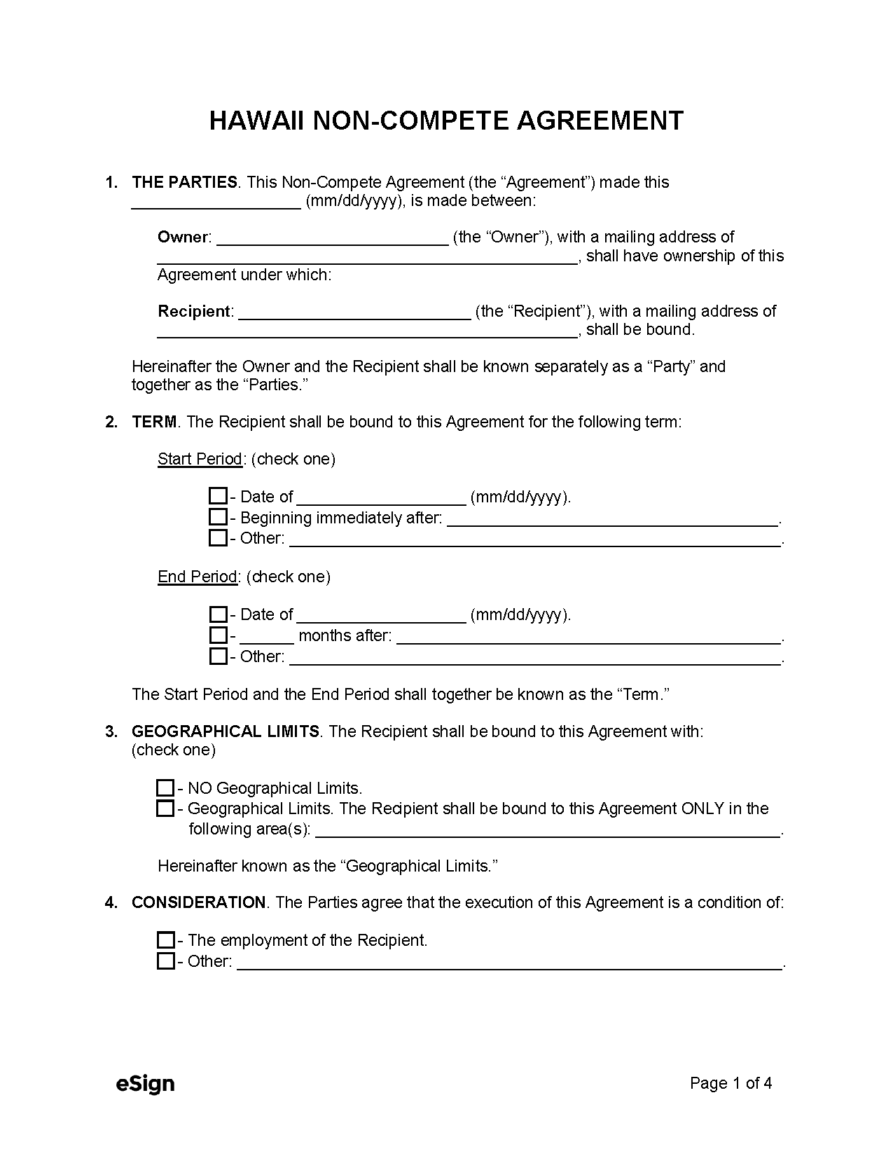 Free Hawaii Non-Compete Agreement Template, PDF